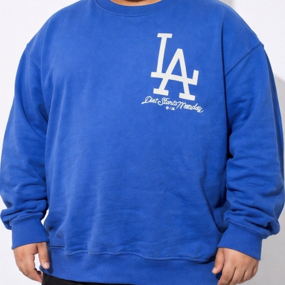 New Diet Starts Monday and LA Dodgers Collab Blue Crewneck Made In USA, Boxy XL